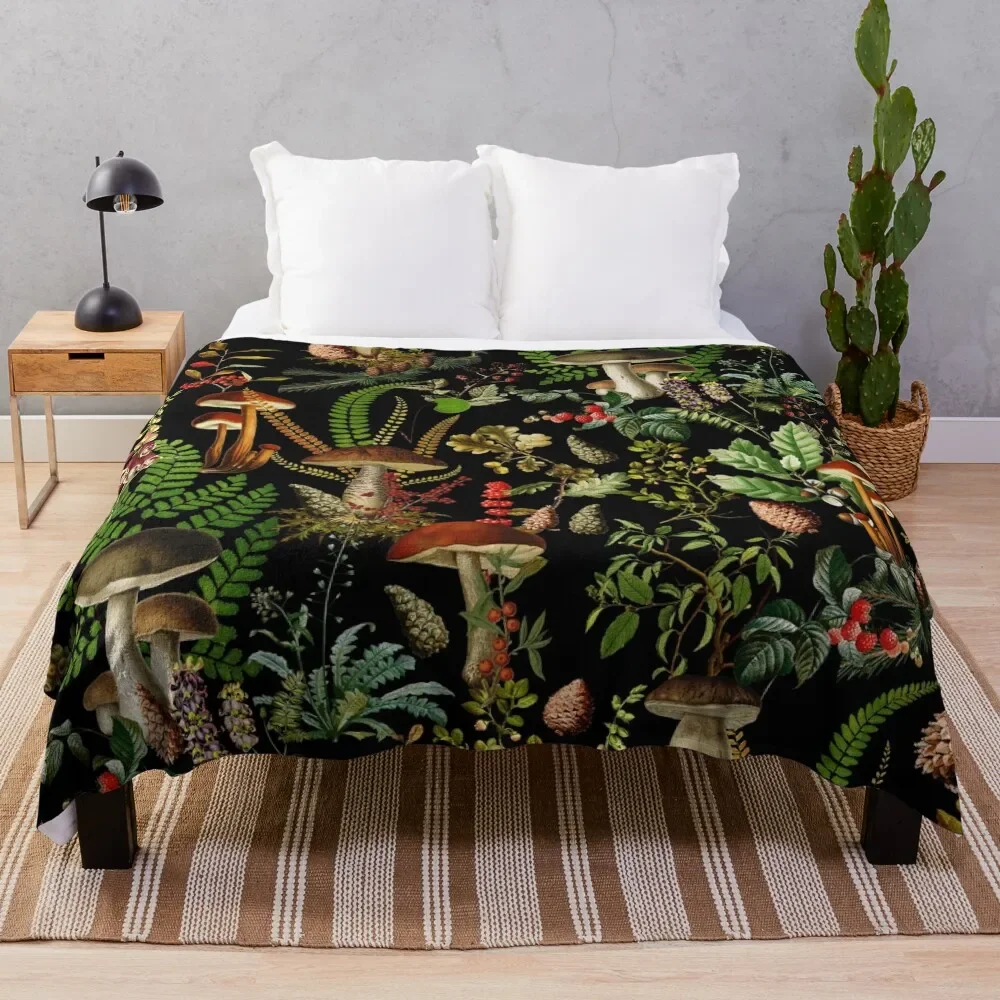 

Vintage Mushrooms Forest Botanical Pattern - Black Throw Blanket Decorative Throw Large Hairy Luxury St Soft Big Blankets