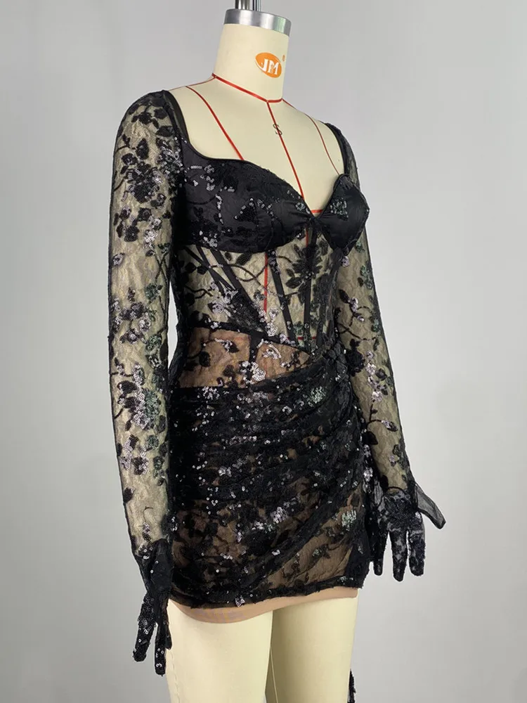 Women Summer Sexy Long Sleeve V Neck Sequins Black Lace Mini Dress 2024 Elegant Party Evening Stage Performance Dress Vestido