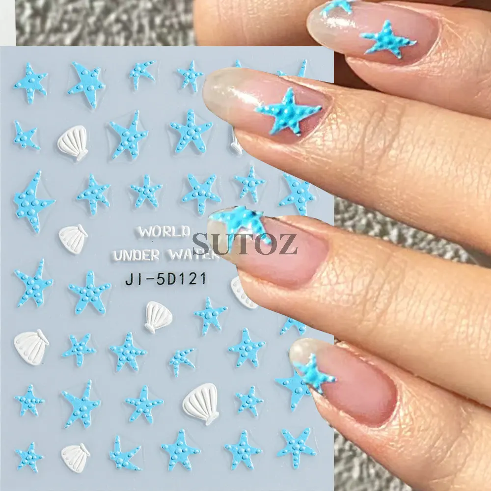 5D letnie oceaniczne naklejki na paznokcie muszle rozgwiazda litery naklejki motyl ulga suwaki Charms DIY Manicure dekoracje LEBJI-5D119