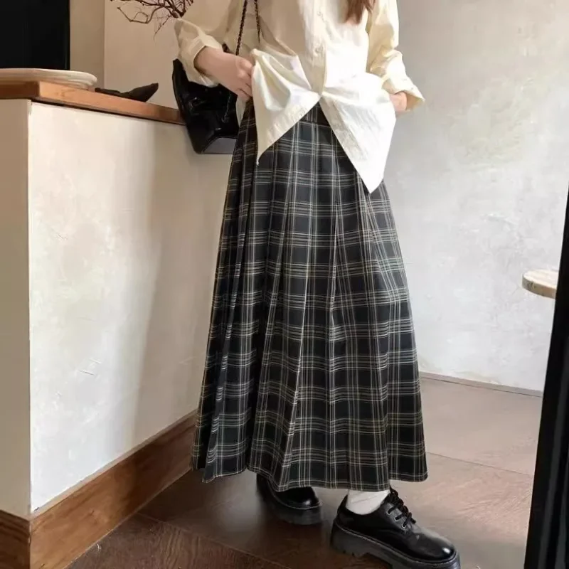 

Autumn Vintage College Style Green Brown Pleated Long Skirts for Women Korean Style Fashion High Waisted A Line Y2k Maxi Skirts