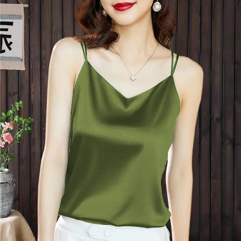 New Fashion Satin Camisole Women\'s Tank Top Inner With White Bottoming Basic Silk Top Summer Solid Strap V-neck Sleeveless Vest