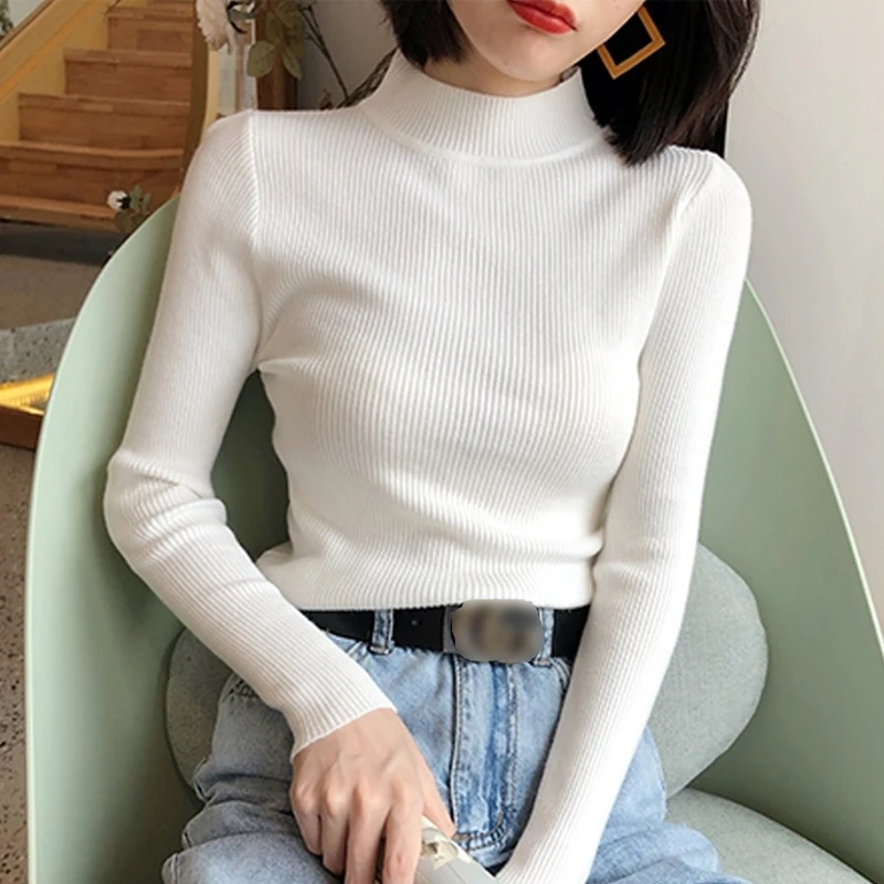 

Casual Half-turtleneck Women Knitted Sweater Long Sleeve New Pullover Sweaters 2023 Jumper New Solid Colar Knit Bottom Top 27972