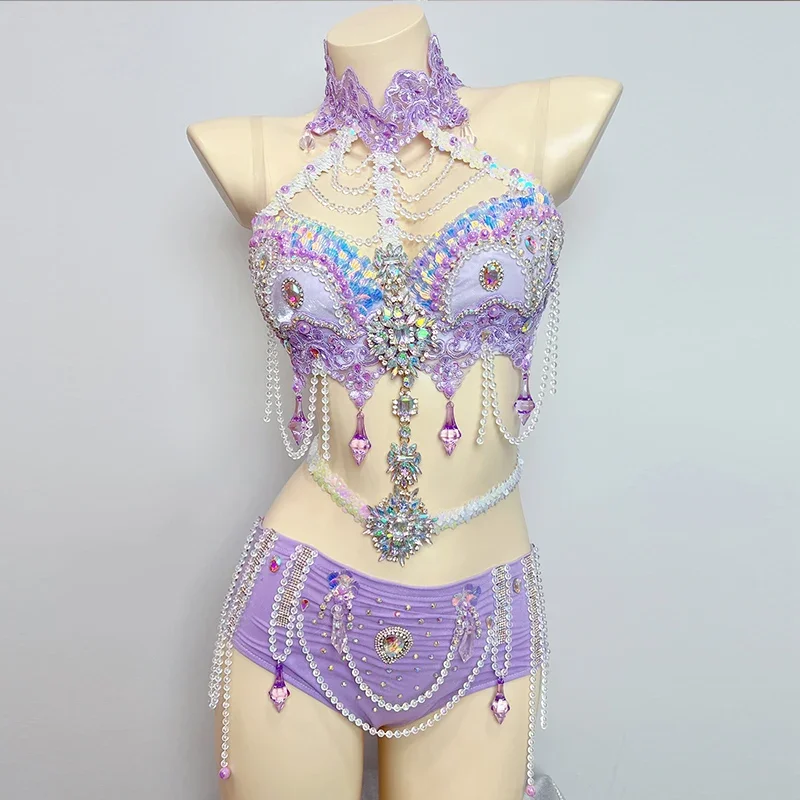 Purple Crystal Bikini Sexy Pole Dance Costume Clubwear Nightclub Gogo Dancer Performance Outfit Belly Dance Clothing