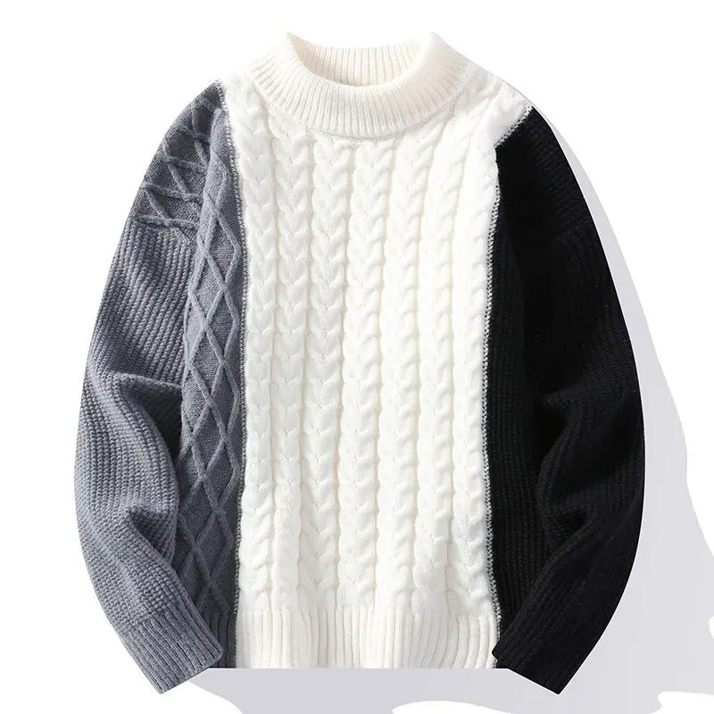 

Patchwork Color O-Neck Men Thicken Sweater Vintage Korean Handsome Casual Knit Sweater Winter Male Warm Bottom Pullover Sweater