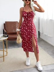 Fashion Women's Summer Bohemian Floral Dress Sleeveless Backless Spaghetti Straps High Slit Casual Flowy Midi Beach Dress