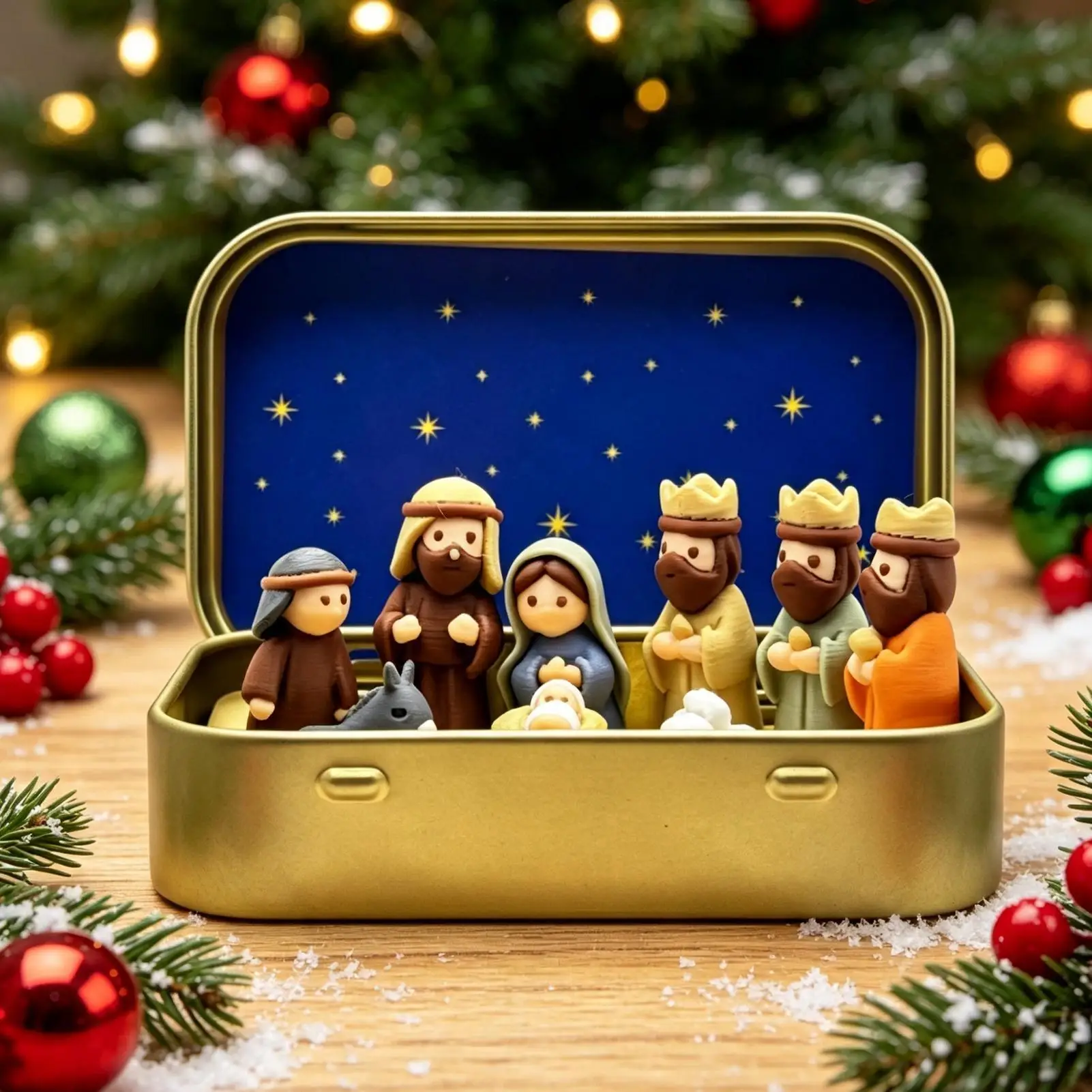 Mini Xmas Manger Set Iron Box Pocket Size Nativity Scene with Mary Jesus Shepherd Animal Figurines Xmas Easter Gift Decor