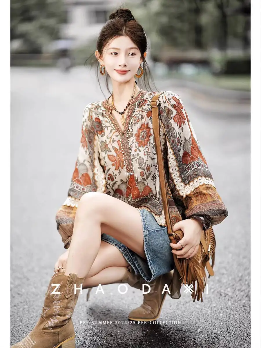 

Loose Printed Cotton Blouse Women Ethnic Style Retro V Neck Linen Small Shirt Autumn 2024 New