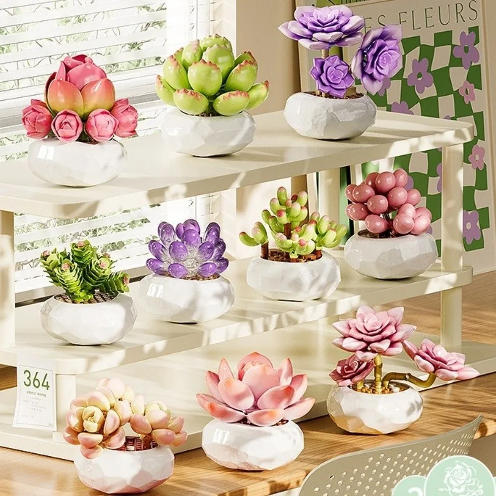 DIY Plant Potted Building Blocks Imitation Plastic Artificial Flower Building Block Toy Building Simulation Succulent Model Kid