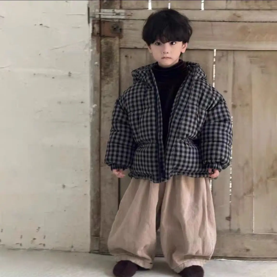 Boys' Thick Warm Coat Autumn/Winter New Children's Baby Hooded Checkered Cotton Jacket