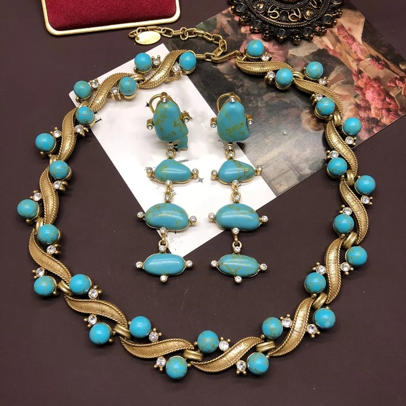 Medieval jewelry turquoise necklace long sweep shoulder earring set to make old gold retro all matching jewelry