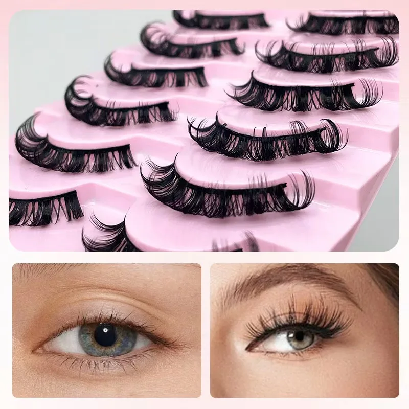 10 pairs of false eyelashes, naturally elongated and thick at the ends of the eyes, curled, with large eyelashes