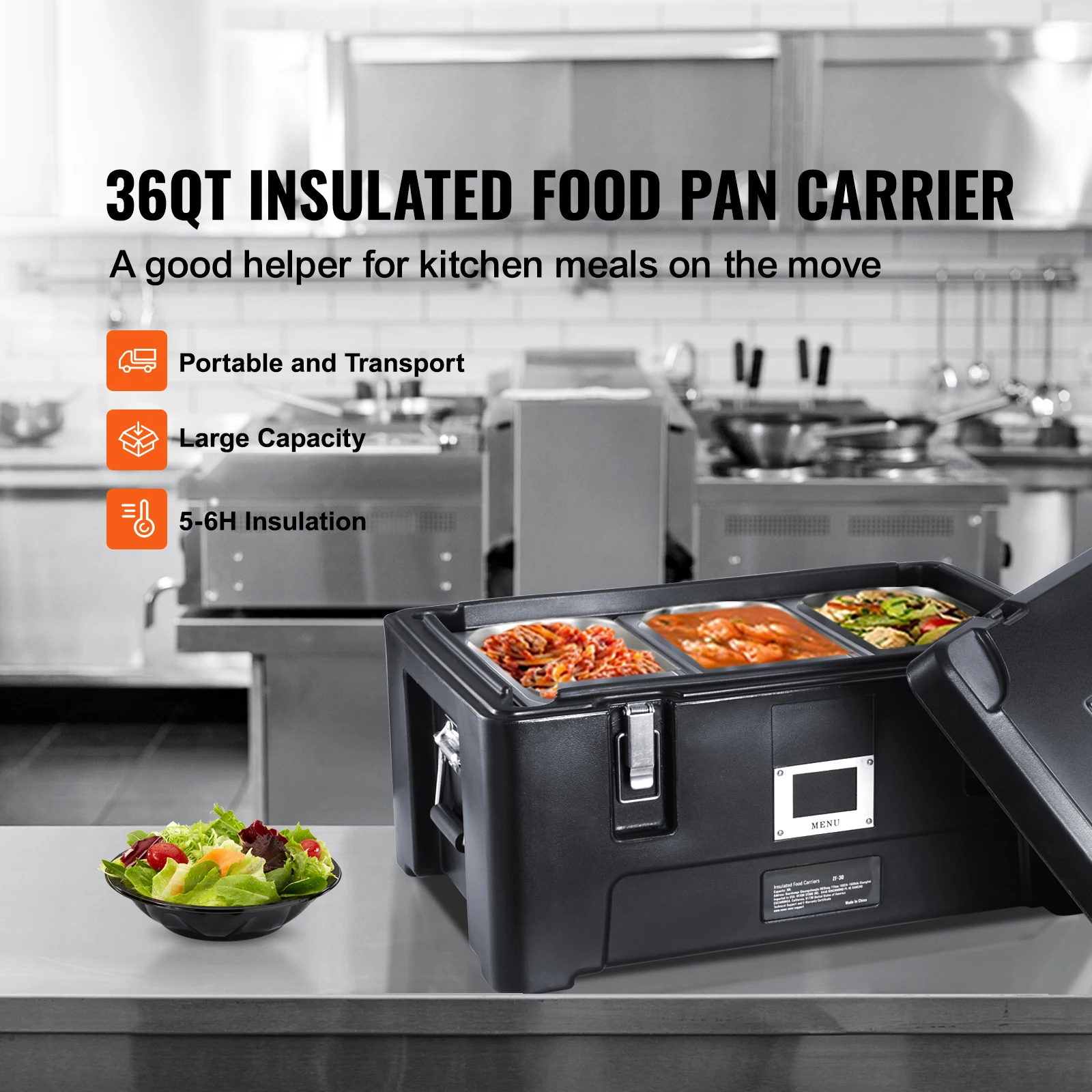 Insulated Food Pan Carrier, 36Qt Capacity, Stackable Catering Hot Box with 3 Stainless Steel Pans, Top Load LLDPE Food Warmer with Elastic Side Handles and Buckles, Black