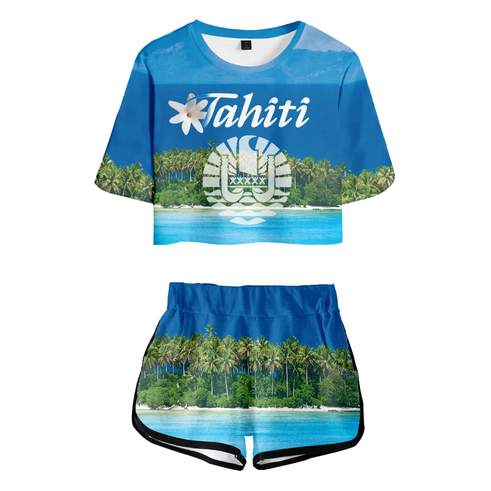 3D Tahiti Country Flag sea Tribal Culture Retro T-Shirt Sets Women Summer Sexy Cute Tshirt Shorts Suit Stripe Print Suits custom