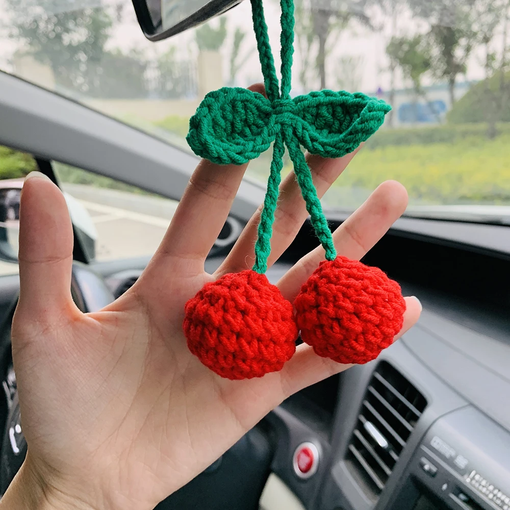 Cute Cherry Kawaii Flower Car Mirror Hanging Charm Fruit Decor Teens Interior Rear View Mirror car Accessories for Women