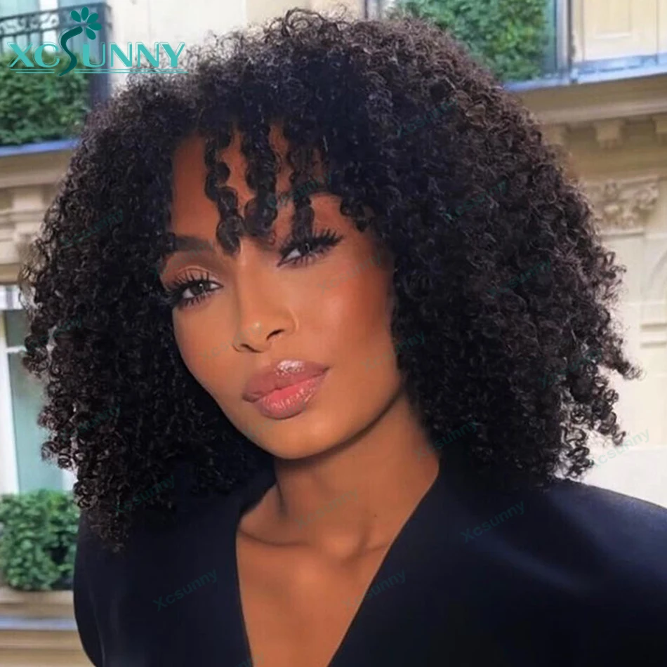 Kinky Curly Human Hair Wigs With Bangs For Black Women Natural Hair Wig Brazilian Machine Made O Scalp Wig