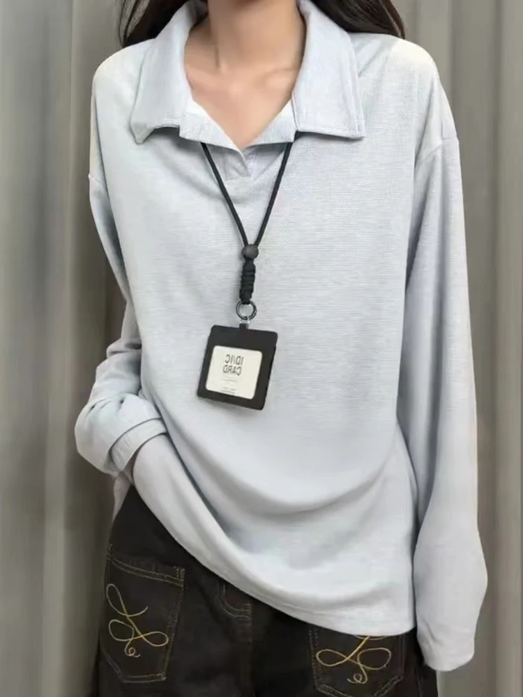 

Светло-голубая мужская рубашка-худи в американском ретро-стиле с длинным рукавом, воротником-стойкой, базовый слой, повседневный стиль, осенняя одежда