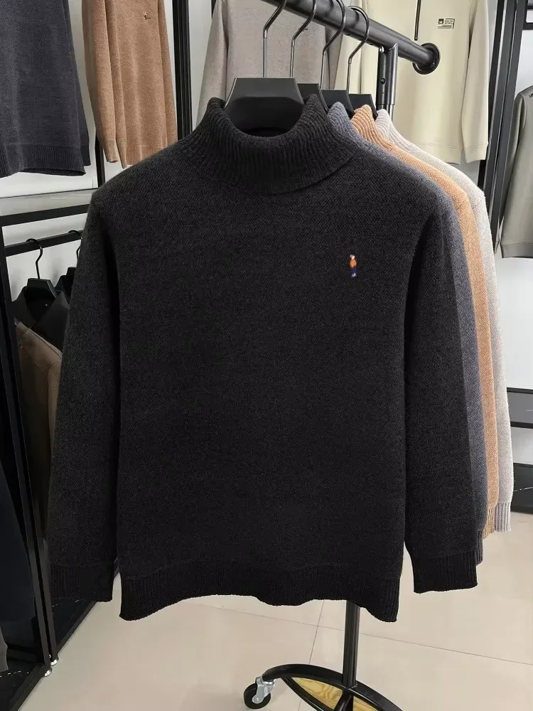 Luxury men's sweater winter trendy brand cartoon character embroidered high neck top Korean casual warm thick knitted pullover