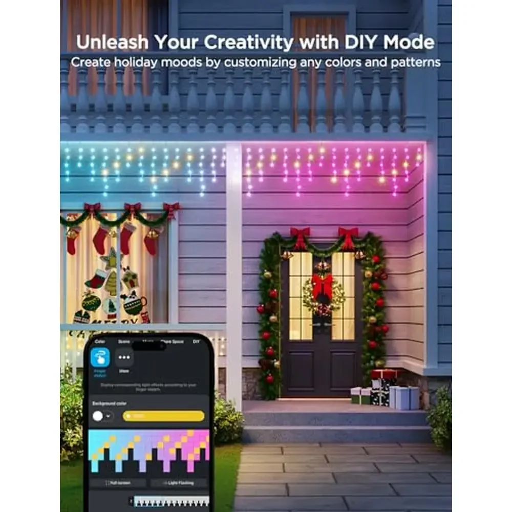 Outdoor Smart RGBIC Icicle Lights 33ft with 400 LEDs AI Light Show 78  Scene Modes IP65 Waterproof Smart Home Integration