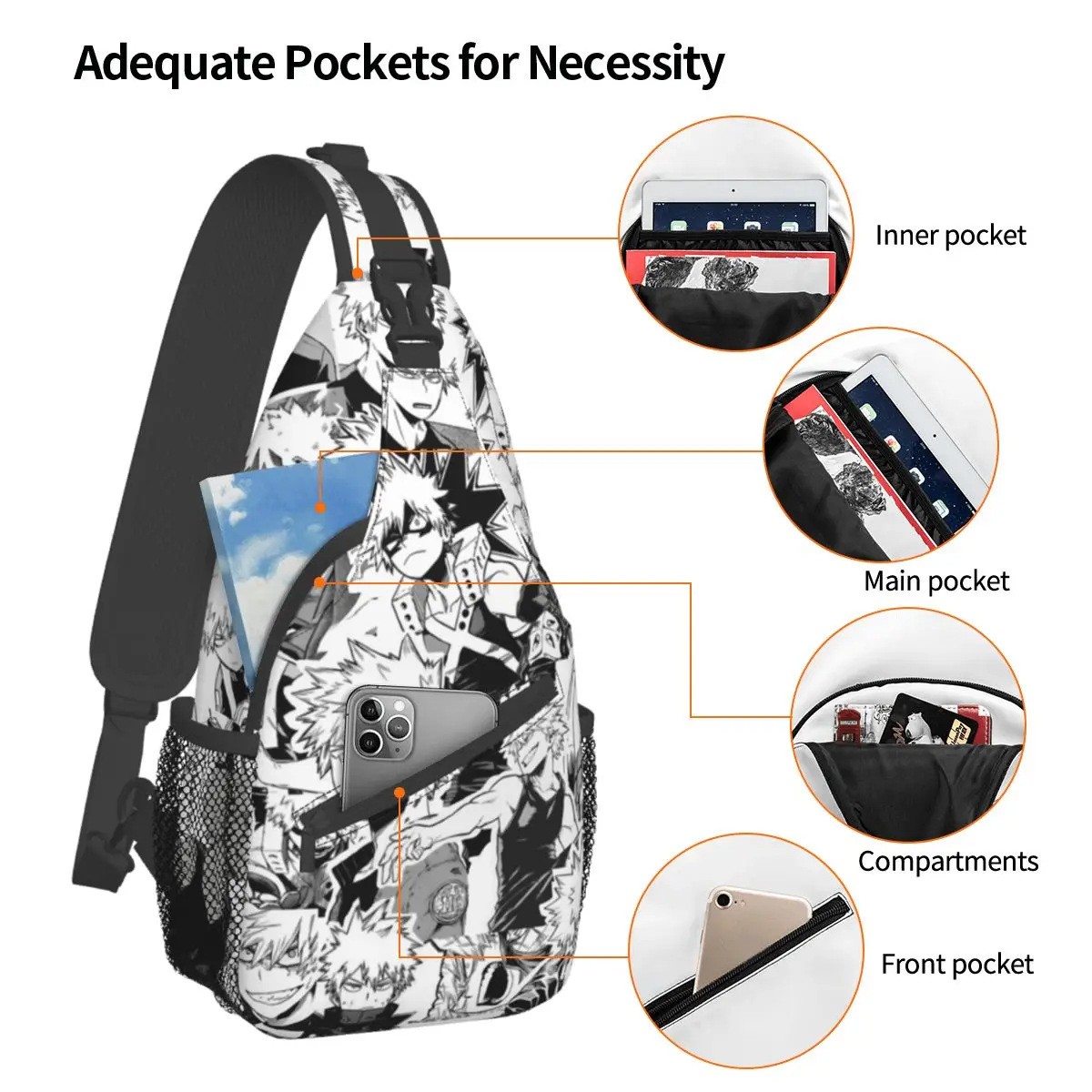 Katsuki Bakugo Crossbody Sling Bag, Bolsa de Peito Pequeno, My Hero Academia Anime Mochila de Ombro, Mochila, Caminhada, Viagem, Ciclismo