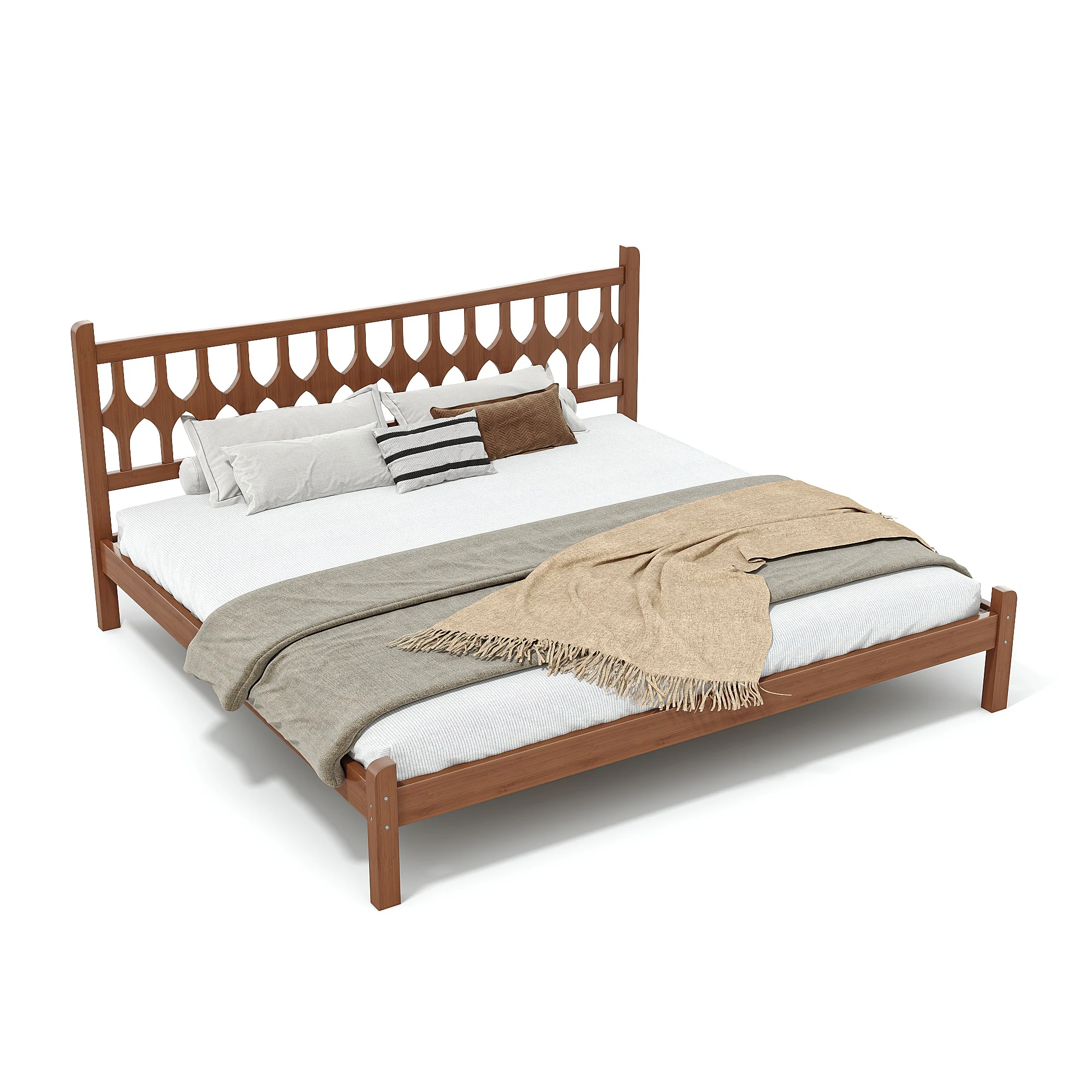 King Size Bamboo Platform Bed Frame with Diamond Headboard, Solid Wood Bed with Support Slats, No Box Spring Needed, Brown