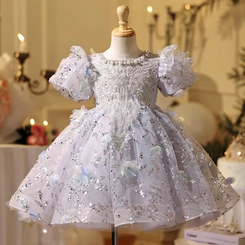 Sparkle Baby Kids Princess Sequined Lace Beading Flower Girl Dresses First Communion Dresses Birthday Gift Wedding Party Show