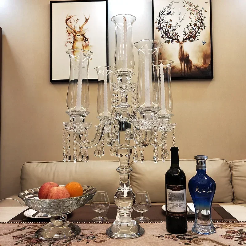 five-head large crystal candlesticks holder with bead curtain tall candelabra for wedding home table centerpieces decor