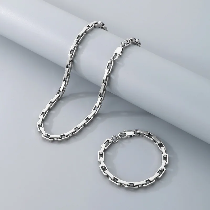 Unisex Large 6MM Box Link Chain Necklace & Bracelet Jewelry Set - 18 Inch  /8inch  Silver