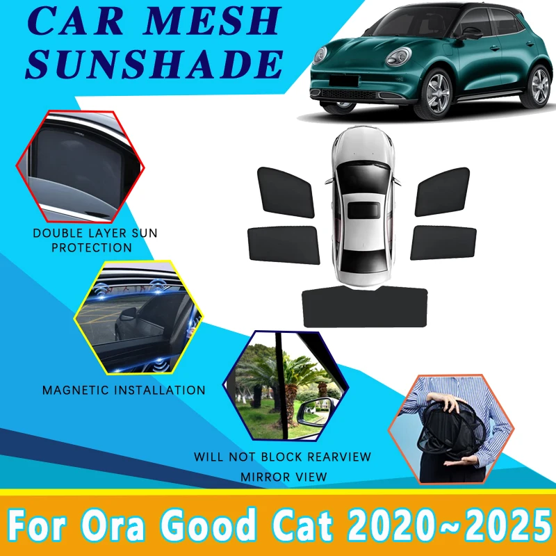 

Автомобильные сетчатые солнцезащитные козырьки для Ora Good Cat, аксессуары GWM Ora 03 2020 ~ 2024 2025 Магнитный солнцезащитный козырек на лобовое стекло, инструменты для козырька бокового окна