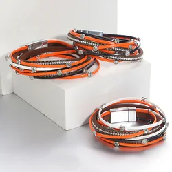 ALLYES Vintage Rhinestone Chain Leather Bracelet for Women Men Halloween Orange Pumpkin Multilayer Long Wrap Bracelets Jewelry