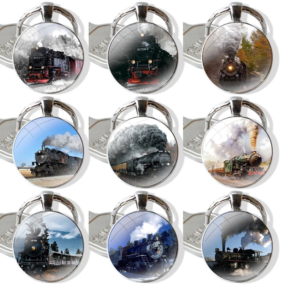 Steam Trains Keychain Glass Cabochon Metal Pendant Classic Men's Women's Keyring