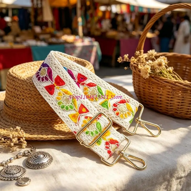 Decorative Crossbody Replacement Band with Embroidered Motifs, Wide Textile Profile and Adjustable Hardware for Bag Restyling