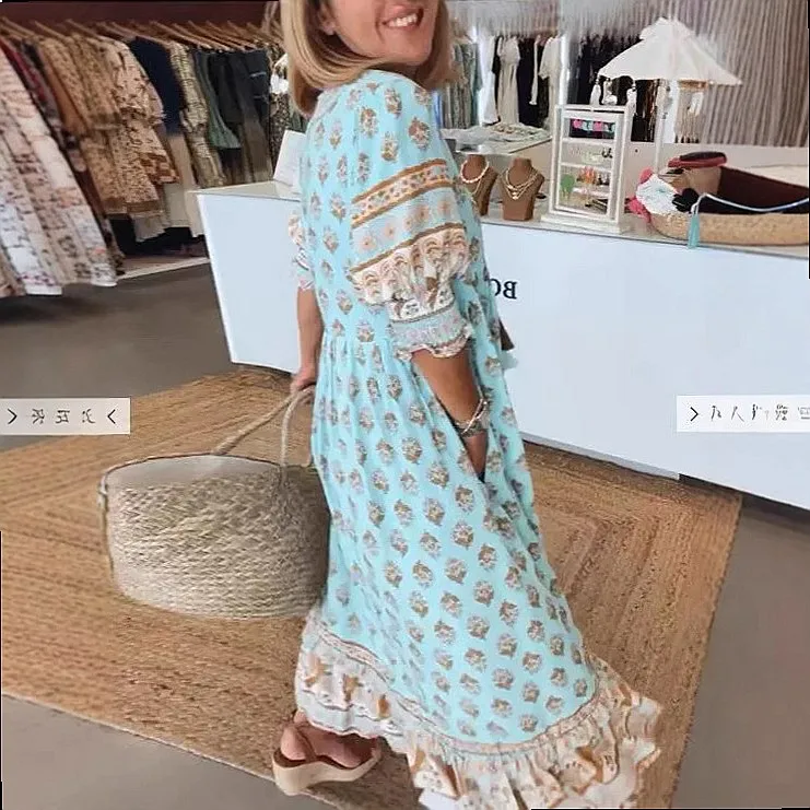 Bohemian V-Neck Floral Print Lantern Sleeve High Waist Maxi Dress Summer Dresses for Women