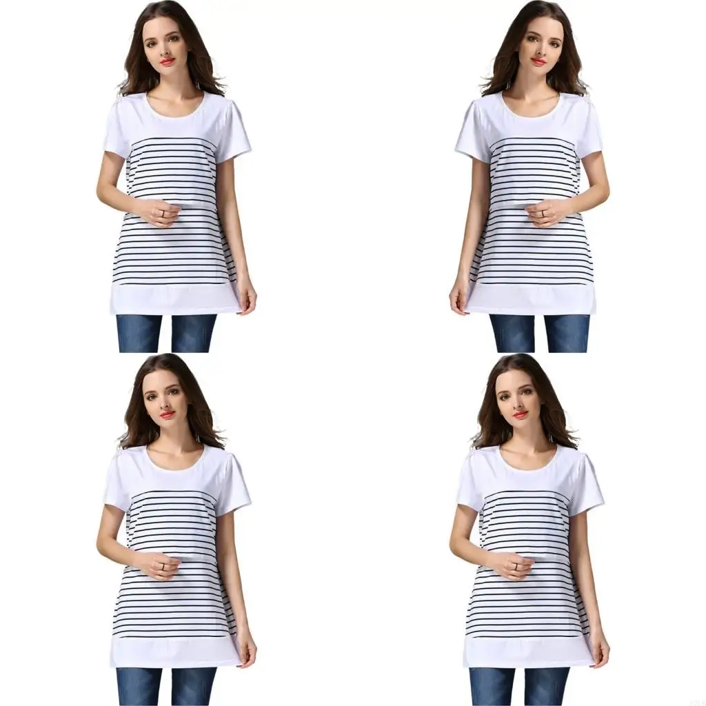 快適な授乳とマタニティウェアのための隠されたリフトアップ開口部を備えたストライプナーシングトップマタニティナーシングシャツ-a2ub