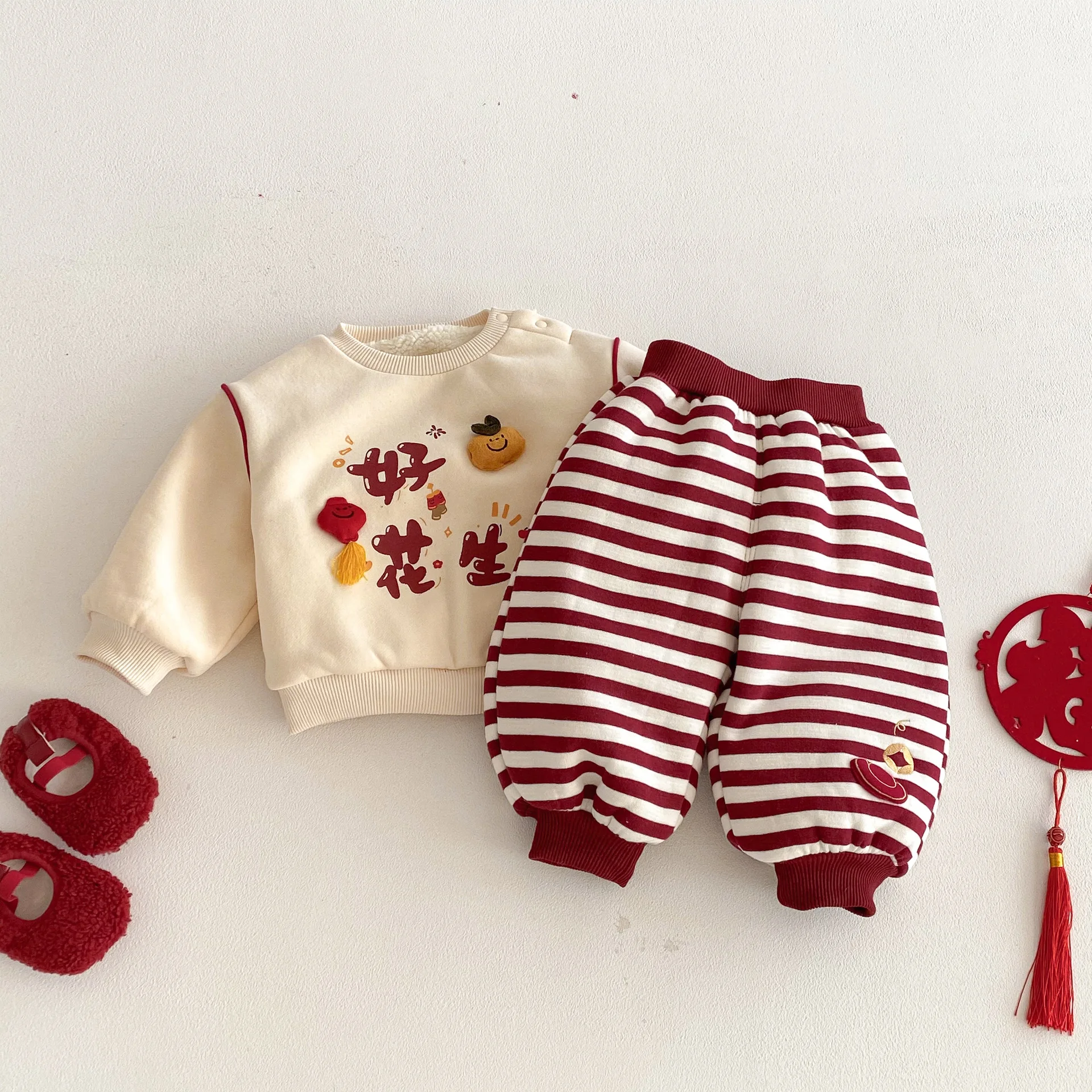 

2025 New Winter Kids Fleece Thickened Striped Pants Chinese New Year 0-5Y Girls Boys Festive Yuanbao Detail Children Bottoms