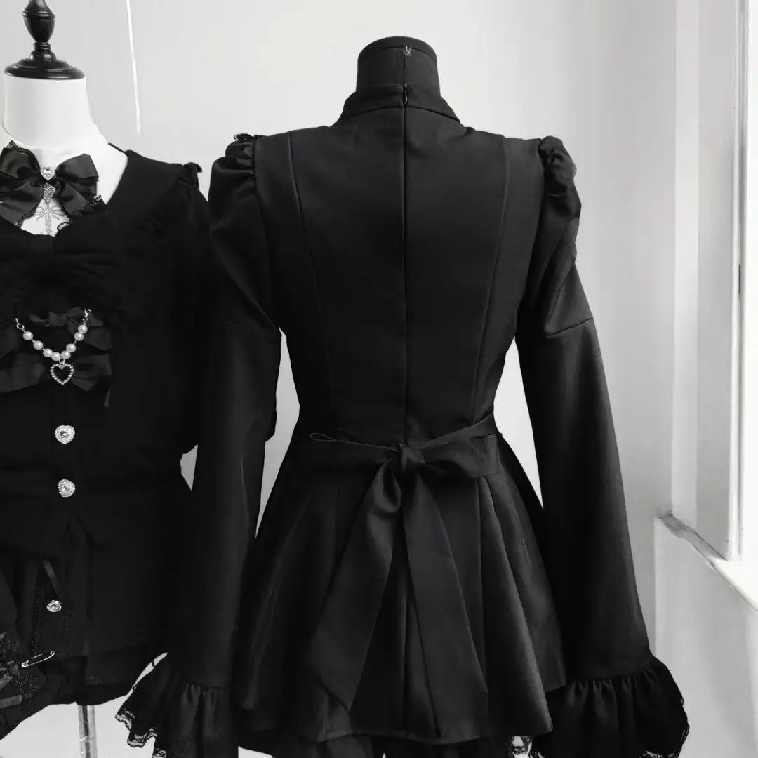 Y2k-vestido con lazo estilo Lolita para mujer, conjunto de pantalones cortos, encaje gótico, manga acampanada, camisa con botones, minivestido de fiesta Punk