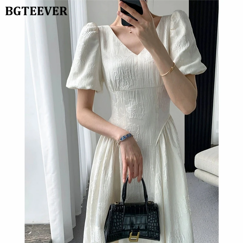 BGTEEVER Vintage Puff Sleeve Women Mid-Length Dress Summer V-neck Slim Waist Female A-line Dress Elegant Ladies Solid Dress