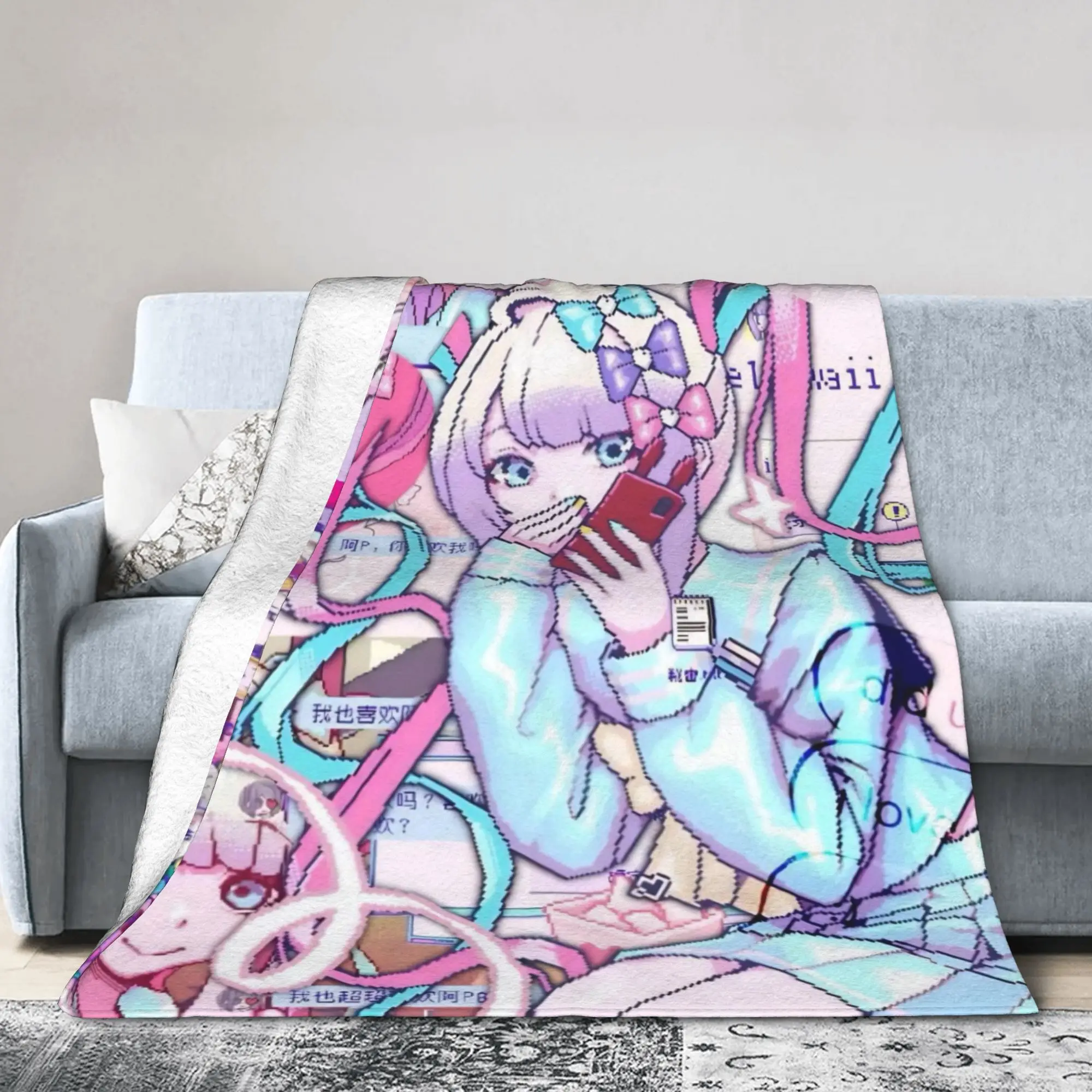 OMG kawaii Angel Blanket Fleece Spring Autumn Needy Girl Overdose Portable Super Warm Throw Blanket for Bed Office Bedspread
