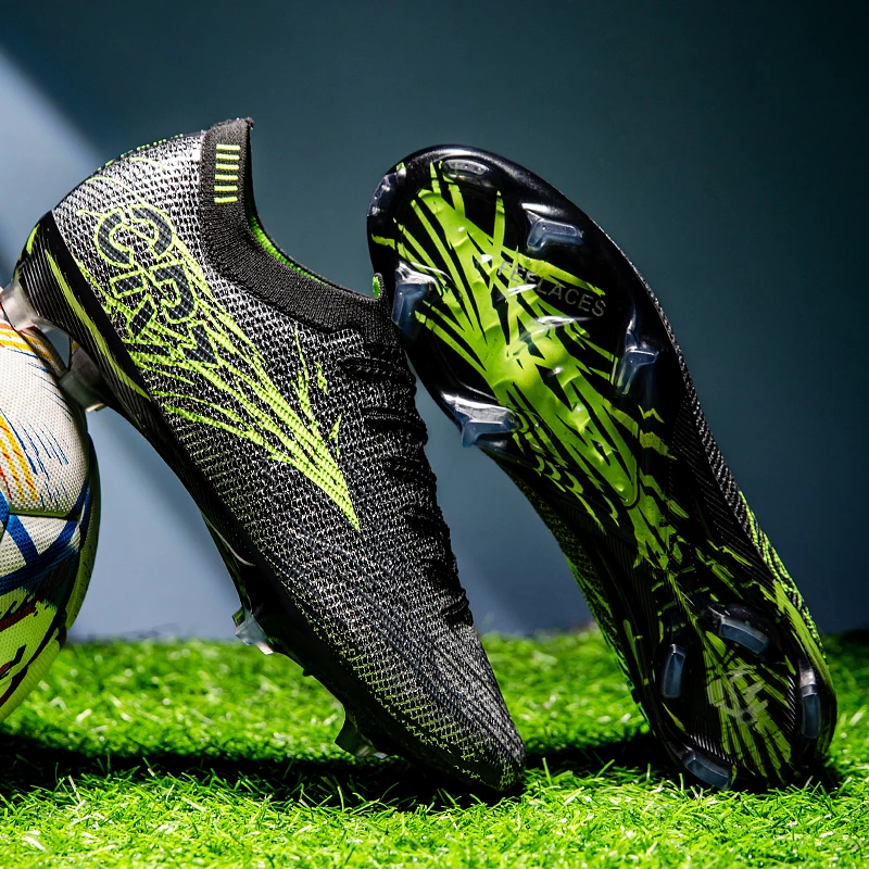 Men Soccer Cleats FG Long Spikes Football Boots Knit Stretch Collar Nano-Coated TPU Upper Outdoor Grass Match Training Shoes