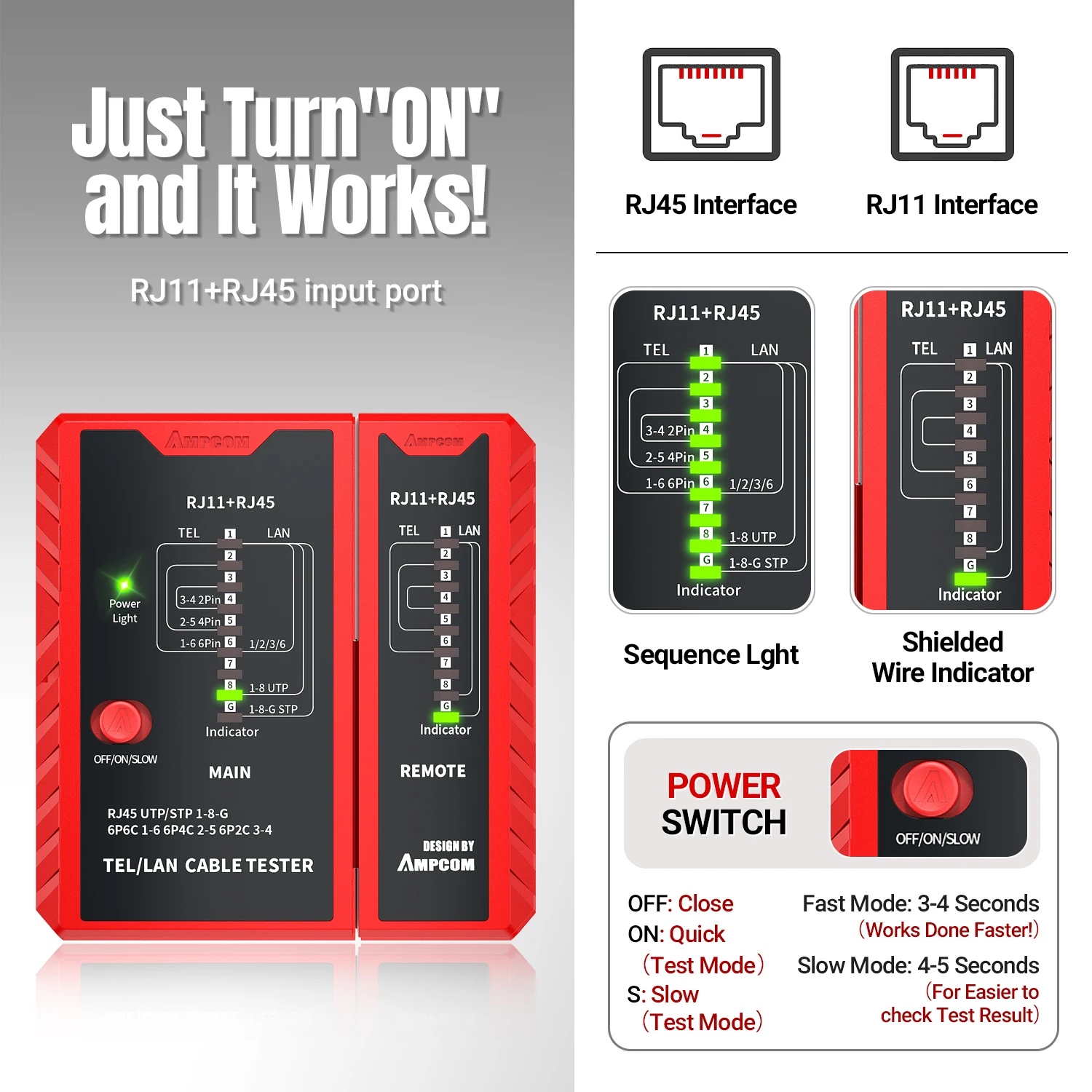 AMPCOM Network Cable Tester, LAN Phone Wire Tester Tool Networking Tool Ethernet Repair For RJ45/RJ11/RJ12/CAT5/CAT6/CAT7/CAT8