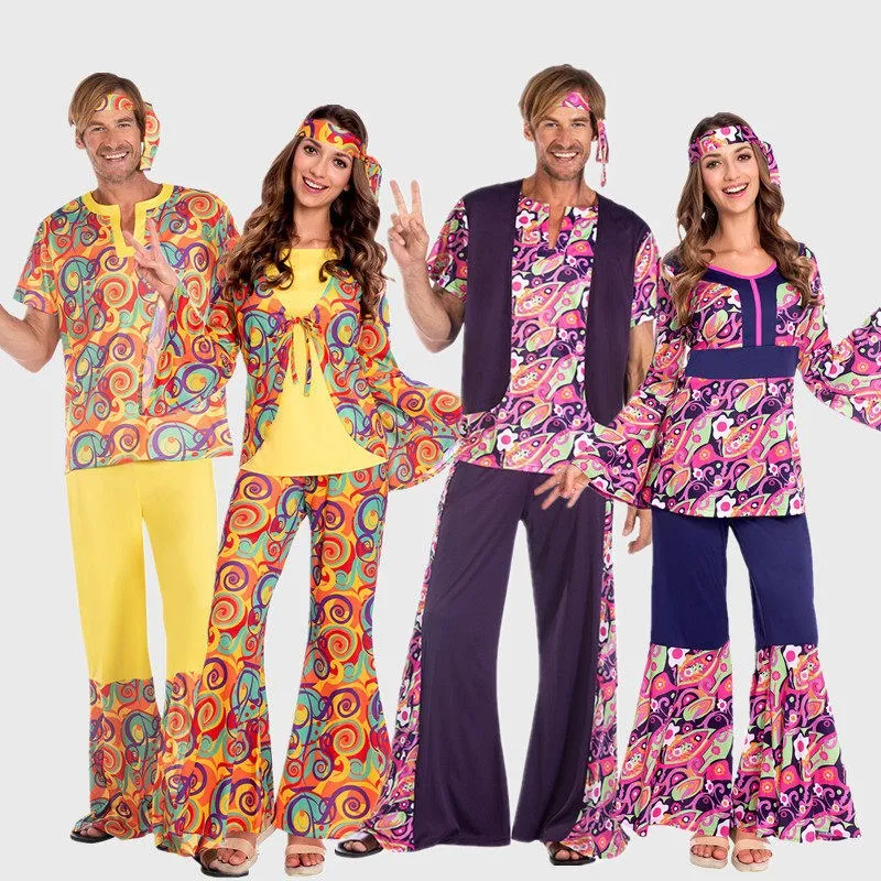 

Retro 70s Hippie Couple Outfits Disco Party Nightclub Bar Halloween Costumes Women's Ethnic Wear Stage Performance Clothing