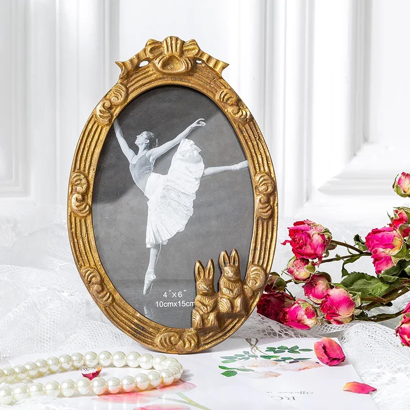 

European Style Retro Imported Brass Photo Frame Small Rabbit Copper Photo Rack Desktop Creative Wedding Dress