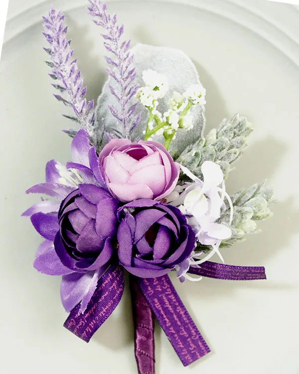 White Purple Men Wrist Corsage Wedding Boutonnieres Bride Wedding Wrist Corsage Bracelet Groom Ceremony Flower Party Decor