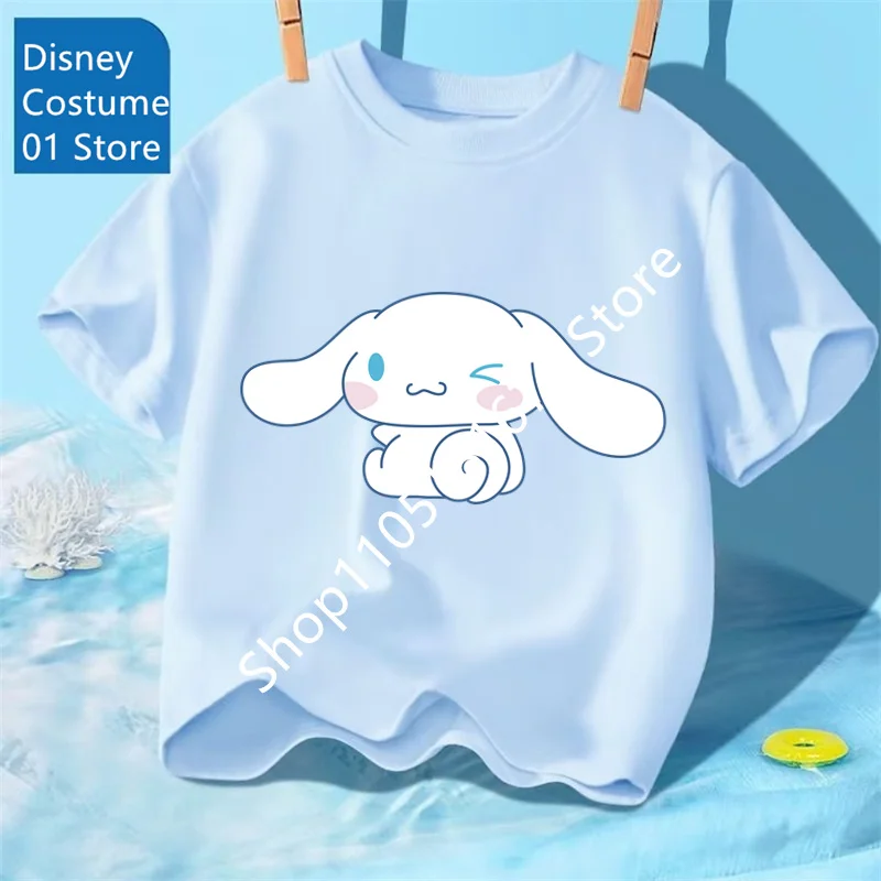 Sanrio Cinnamoroll Kinder T-shirt Top Nieuw Korte Mouw Big Ear Dog Cinnamoroll Gedrukt Ouder-kindkleding