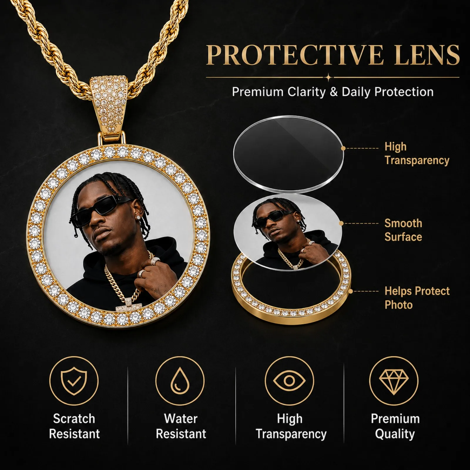 Collier personnalisé avec photo, médaillon rond gravé au dos, bijou orné de cristaux, cadeau idéal pour lui ou pour elle.