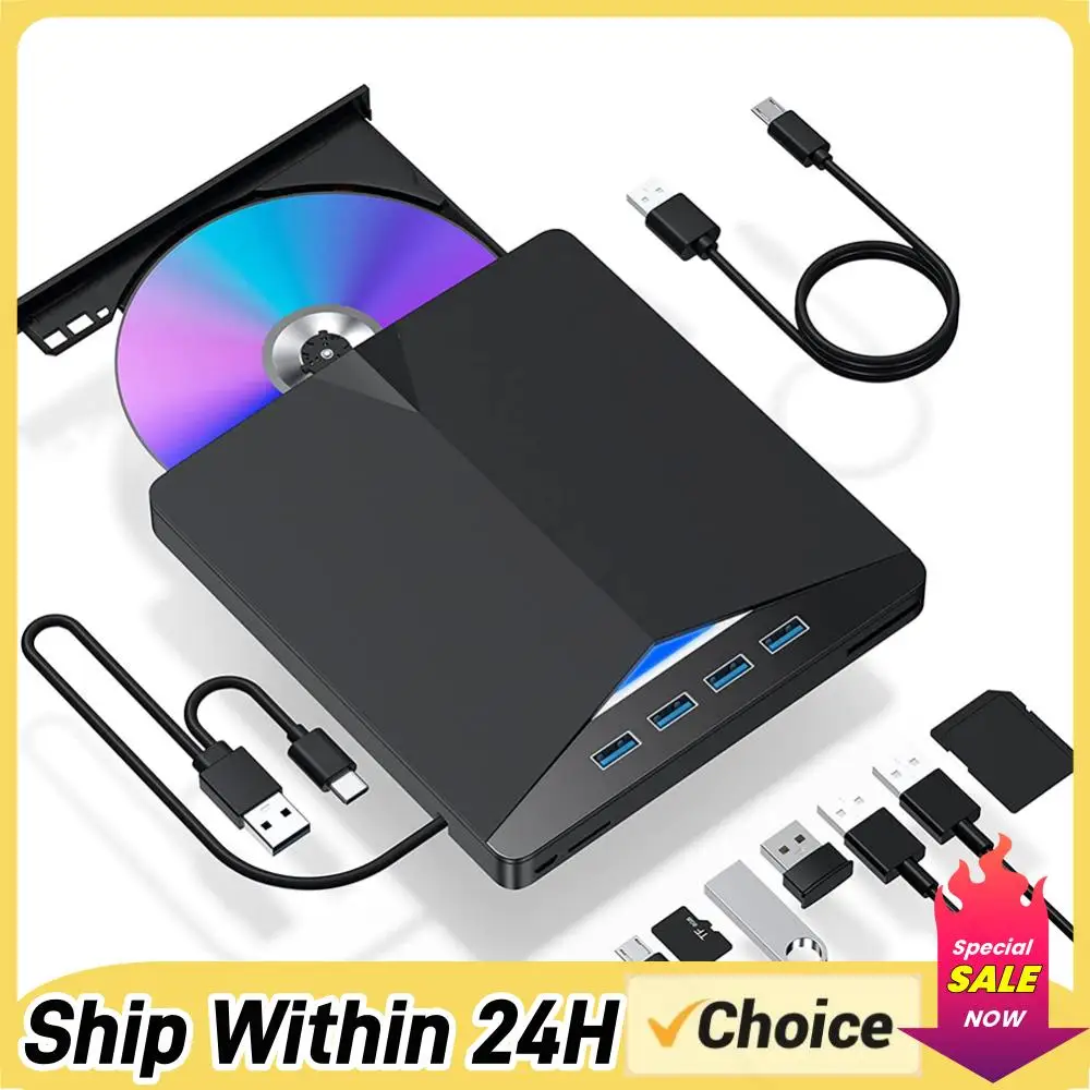 

Внешний оптический привод 7-в-1 USB 3.0 Type-C (TF, SD, CD, DVD RW) с лотком для чтения, записи и воспроизведения для ПК, ноутбуков