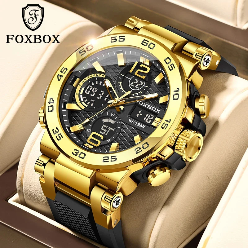 FOXBOX Sports Mens Watches 5ATM Waterproof Dual Display Quartz Wristwatch Chronograph Alarm Date Week Watch Man Silicone Strap