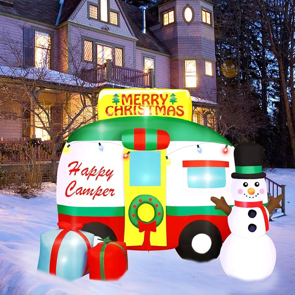 Christmas Inflatable RV with Snowman, Wreath and Gift Boxes, Lighted Outdoor Lawn Decorations