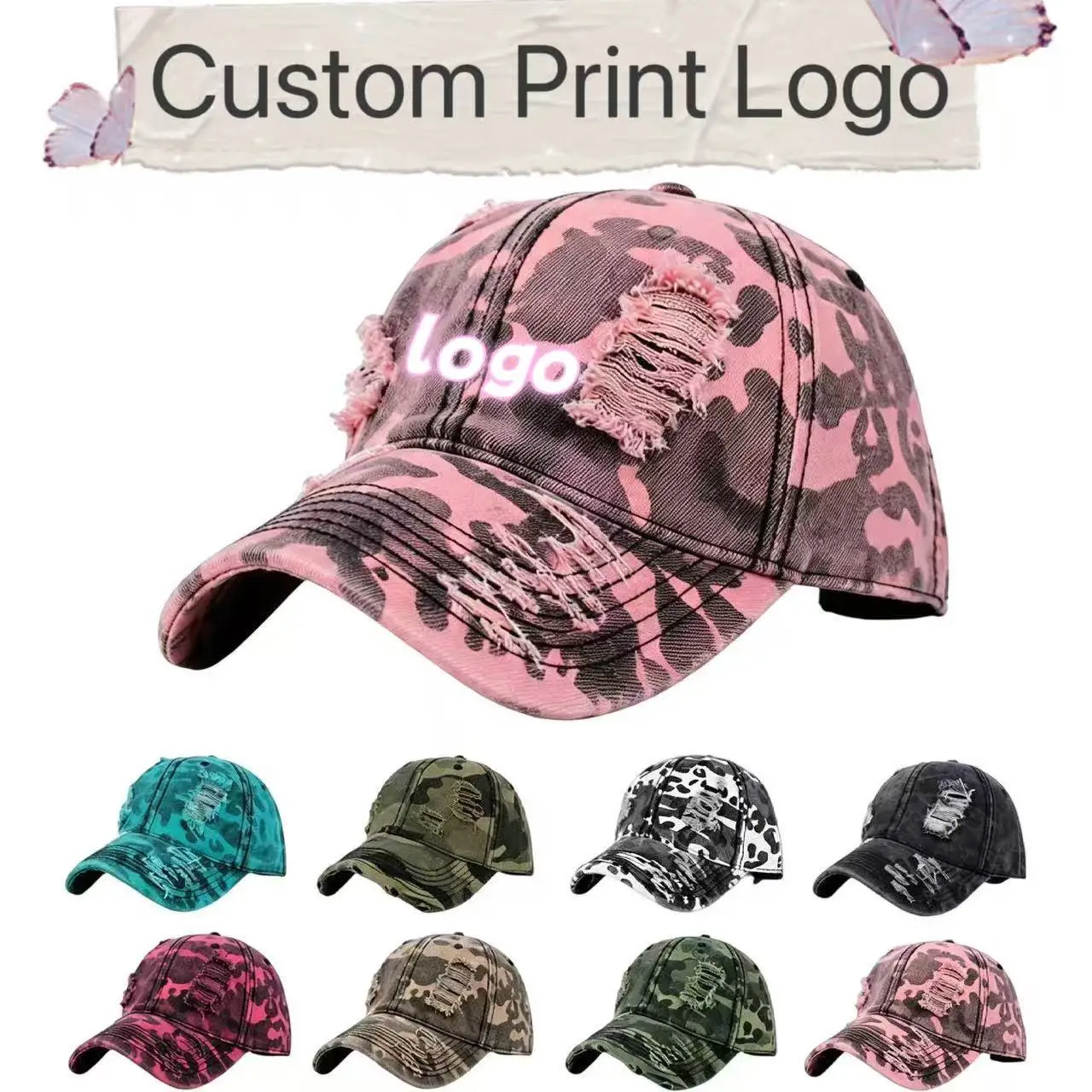 Customized Printed Logo Leopard Print Camouflage Baseball Caps Men And Women Retro Washed Break Hole Sun Shading Duck Tongue Hat