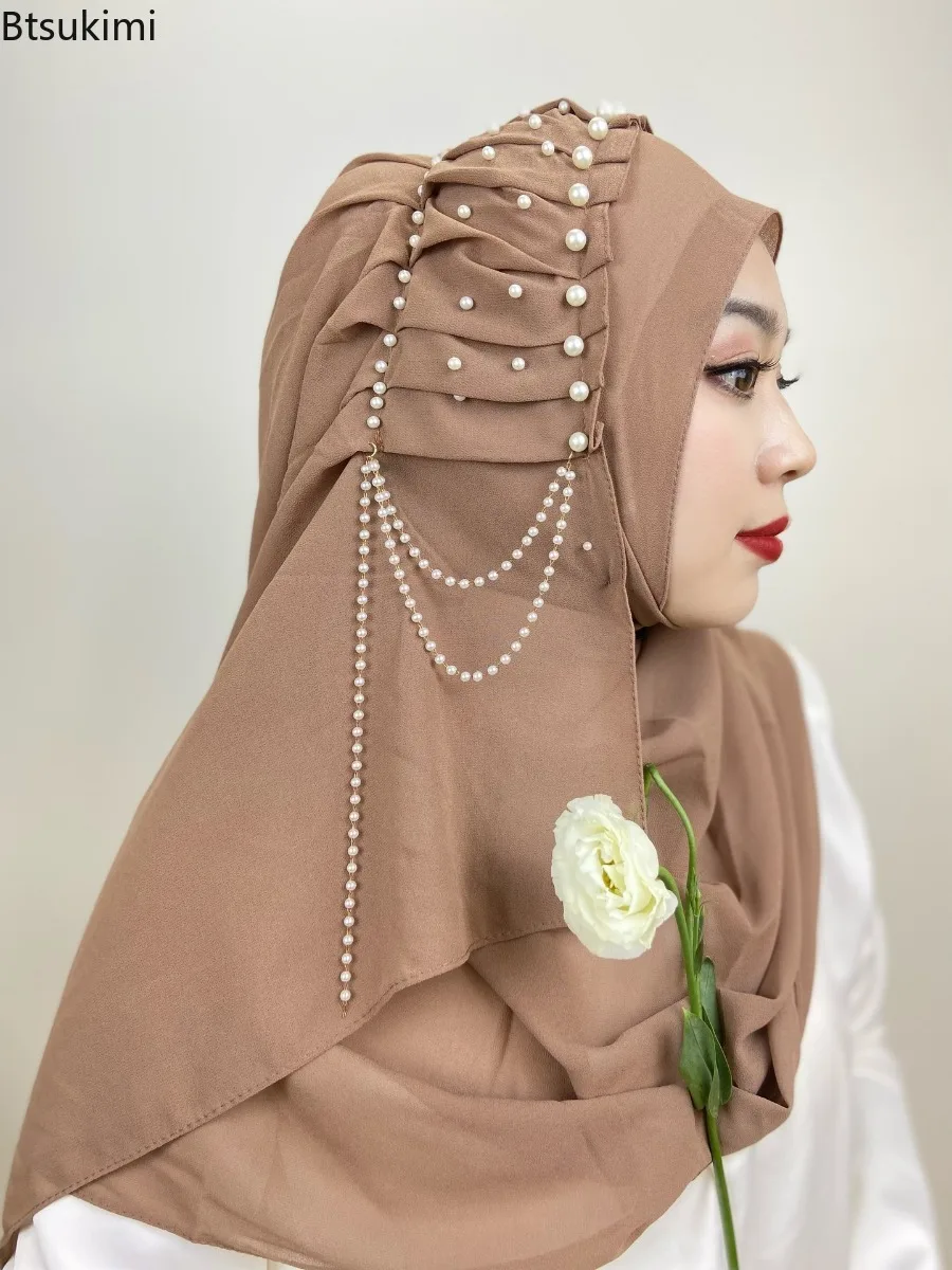 Élégant mousseline de soie Hijabs femmes musulmanes Hijab perle gland conception longue écharpe Turban châles islamique tête enveloppement pour les femmes foulard
