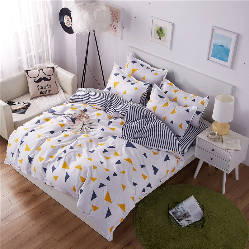 Geometric Duvet Cover Set Triangles Quilt Cover Stripe Flat Sheet With 2 Pillowcases Soft Reversible Print Bedding Set King Size